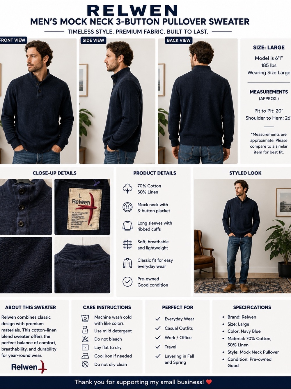 Relwen Men's Cotton Linen Navy Sweater with Three Button Collar Size Large